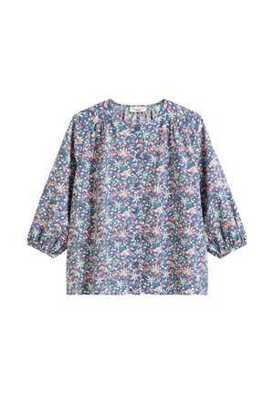 Blaues, knöpfbares Oberteil mit pinkem, weißem und grünem Blumenmuster, rundem Ausschnitt und dreiviertellangen aufgeblähten Ärmeln mit elastischen Bündchen.