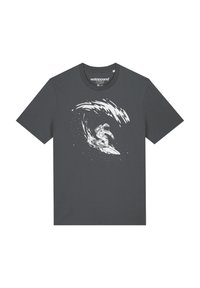 Donkergrijze T-shirt van katoenmix, met een ontwerp van een witte astronaut die surft op dynamische golven en sterrenmotieven. Ronde hals, korte mouwen.