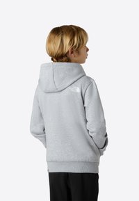 Hanorac gri cu glugă, cu finisaj texturat și un logo alb pe partea superioară a spatelui. Dispune de manșete și tiv striate.