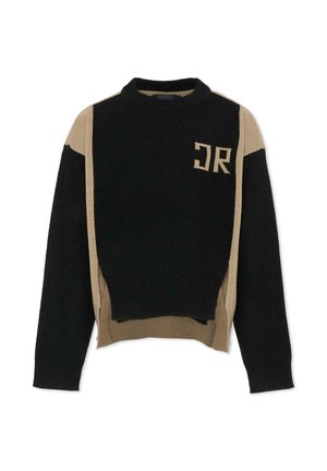 Maglione lavorato a maglia nero e marrone con collo alto, caratterizzato da una vestibilità ampia, polsini a coste e un distintivo logo ricamato "DR."
