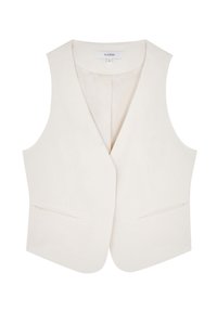 Witte, mouwloze vest met een diepe V-hals, twee voorkruim pockets en een zachte textuur, gemaakt van lichtgewicht stof. Label geeft aan "Scalpers."