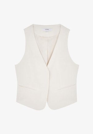 Gilet bianco senza maniche con scollatura a V profonda, due tasche frontali e una texture liscia, realizzato in un tessuto leggero. Etichetta con la scritta "Scalpers".