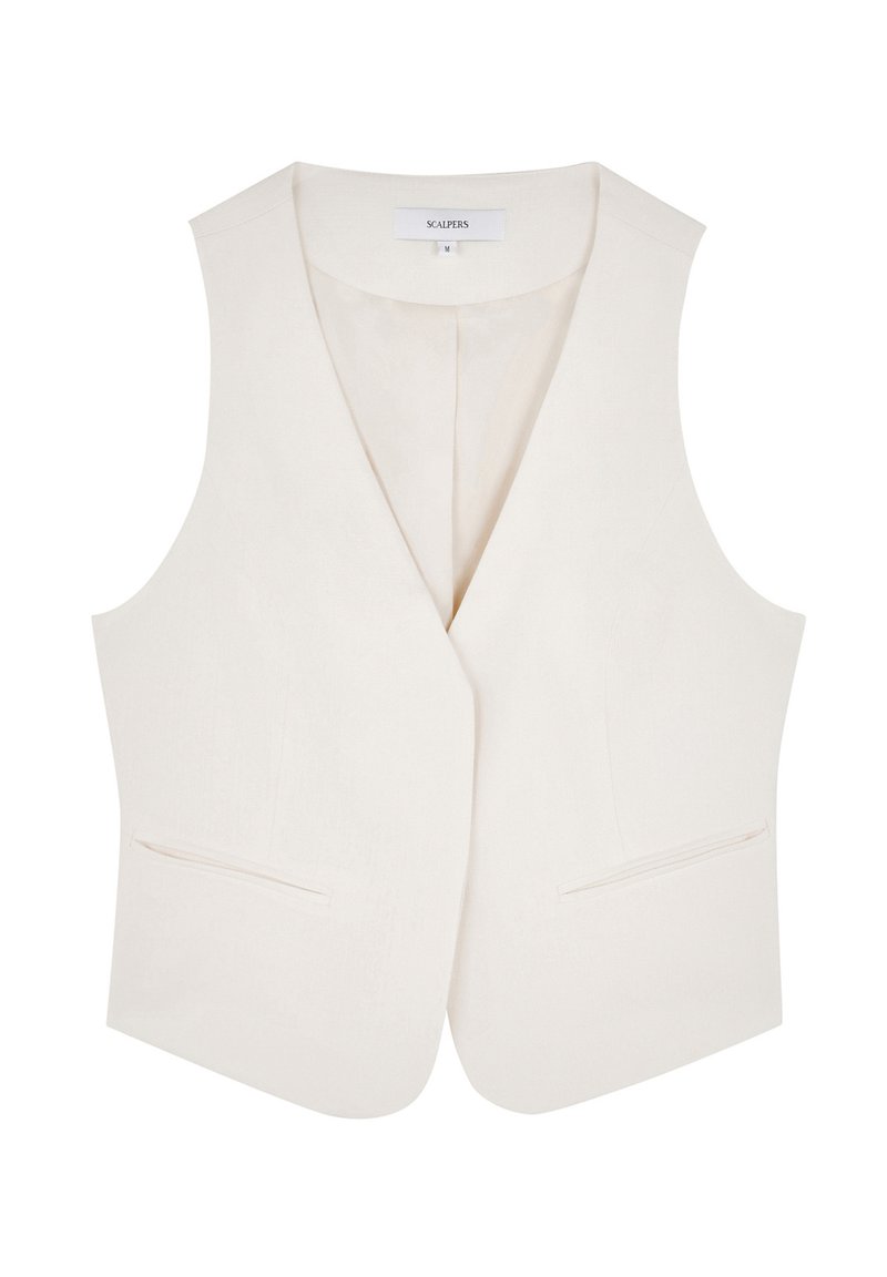 Witte, mouwloze vest met een diepe V-hals, twee voorkruim pockets en een zachte textuur, gemaakt van lichtgewicht stof. Label geeft aan "Scalpers."