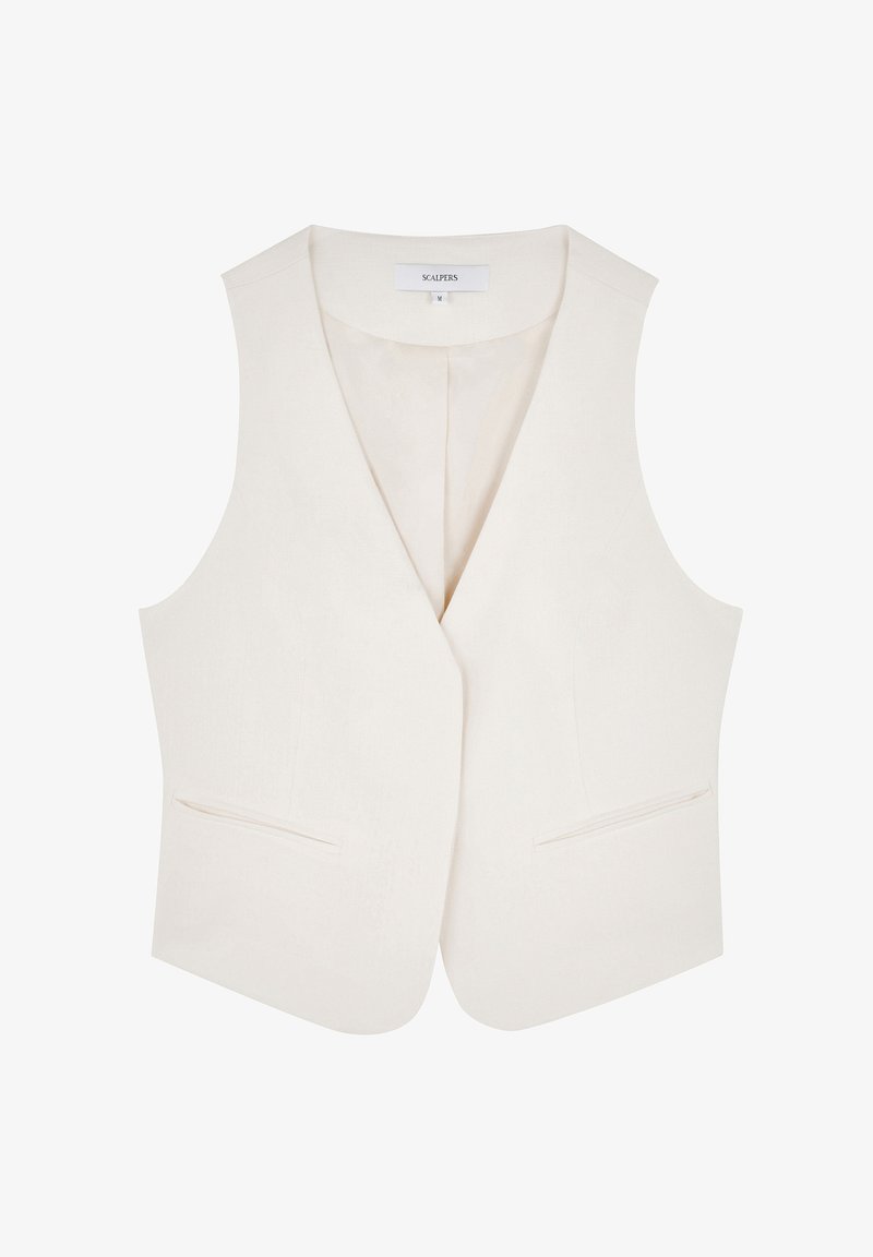 White, sleeveless vest with a deep V-neck, two front pockets, and a smooth texture, made from lightweight fabric. Label reads "Scalpers."