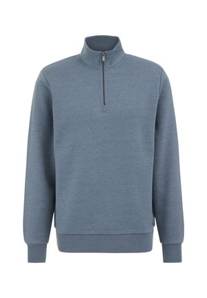 Light blue pullover sweatshirt made of soft fabric. Features a quarter-zip collar, ribbed cuffs, and a relaxed fit design.