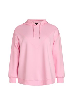 Svetlo roza oversized jopa z dolgimi rokavi, sprednjim žepom kenguru, kapuco z vrvico in subtilnim vbodnim geometričnim vzorcem na prsih.