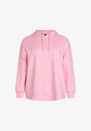 Svetlo roza oversized jopa z dolgimi rokavi, sprednjim žepom kenguru, kapuco z vrvico in subtilnim vbodnim geometričnim vzorcem na prsih.