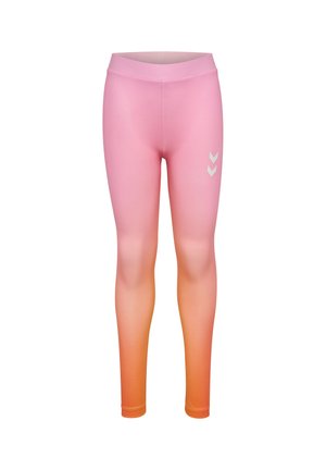 Pink and orange ombre leggings with a smooth texture, featuring a high waistband and white chevron logo accents on the left side.