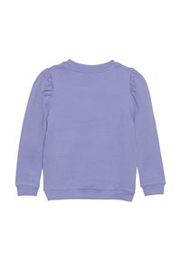 Lilla genser med lange ermer, ribbestrikkede mansjetter og volumiøse skulderdetaljer. Mykt stoff og ensfarget design.