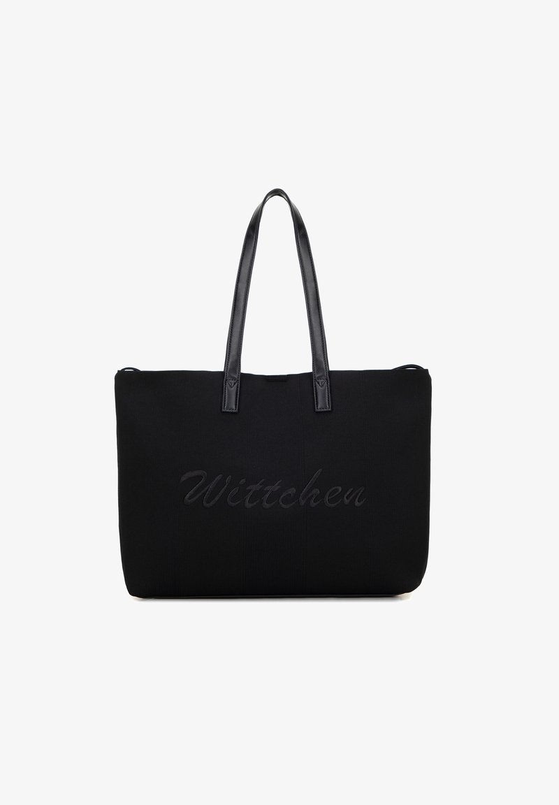 Sac fourre-tout noir avec des poignées en cuir, présentant un corps en tissu texturé et le logo "Wittchen" en relief. Design simple et rectangulaire.