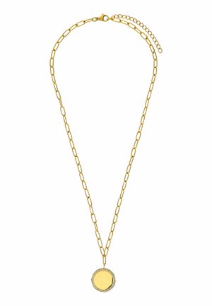 Gouden ketting met rechthoekige schakels en een ronde hanger omrand door kleine heldere stenen.