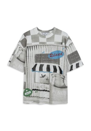 Graphic short-sleeve shirt in monochrome with abstract patterns. Features text accents in red and blue, and a circular green detail labeled "Taste."