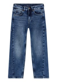 Jeans in denim con un lavaggio blu medio, caratterizzati da un design a gamba dritta, tasche frontali e posteriori, e una leggera scoloritura. Chiusura con bottone metallico.