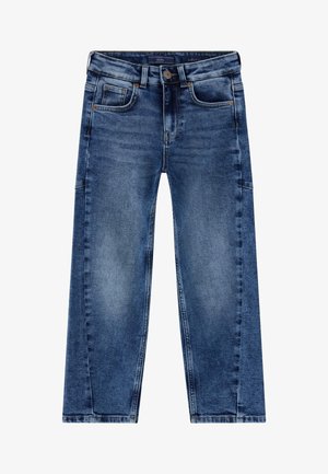 Denim-Jeans in mittlerem Blau, mit geradem Bein-Design, vorderen und hinteren Taschen sowie subtilen Ausbleichungen. Metallknopfverschluss.