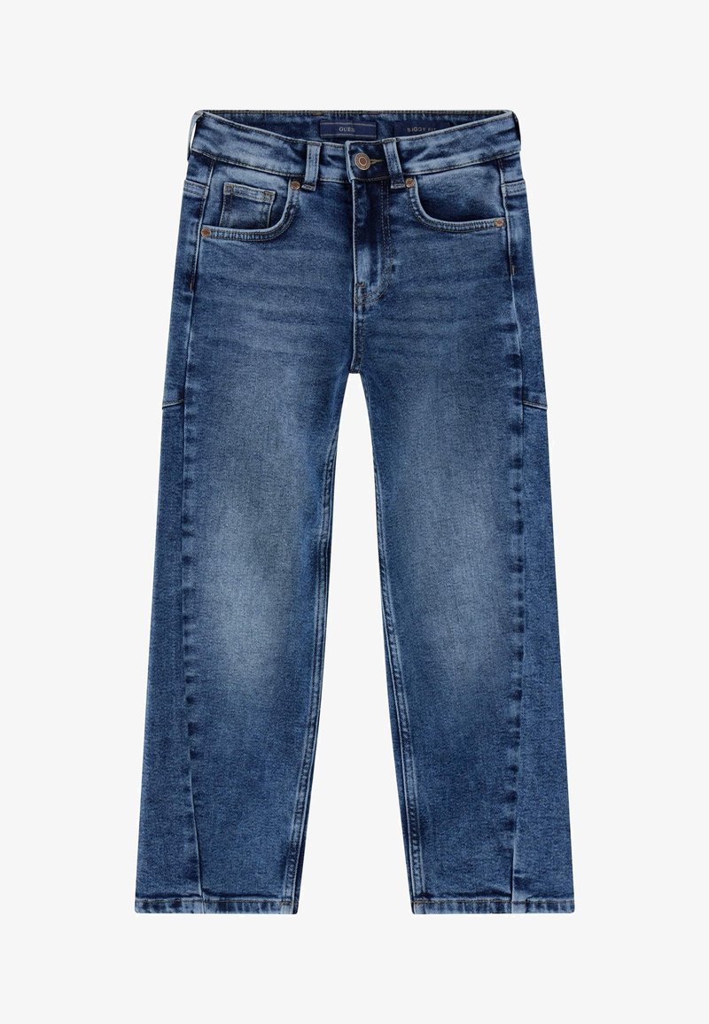 Jeans iz denima v srednjem modrem pranju, z ravnimi nogami, sprednjimi in zadnjimi žepi ter subtilnim bledenjem. Zaponka z metalno gumbom.