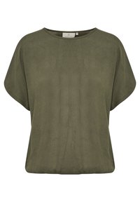 Top corto verde oliva a maniche corte con una vestibilità rilassata e una texture morbida e liscia. Presenta un collo rotondo e spalle leggermente scese per garantire comfort.