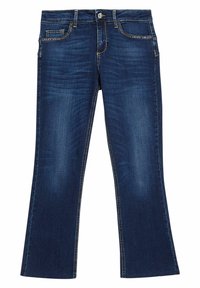 Tmavě modré džíny s rozšířeným střihem, které mají dvě přední kapsy, kontrastní švy a zapínání na zip a knoflík.