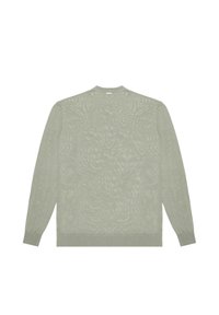Maglione a maglia verde chiaro con maniche lunghe e collo rotondo. Presenta un motivo testurizzato e polsini e orlo a coste.