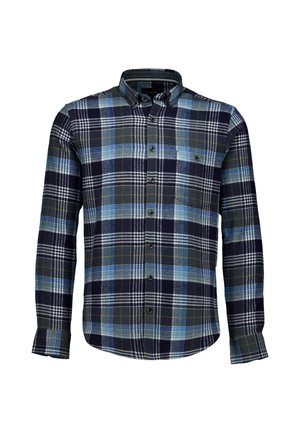 Camicia a maniche lunghe con bottoni, motivo a quadri blu, nero, bianco e verde con una tasca sul petto chiusa da un bottone, su sfondo bianco.