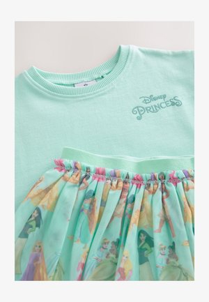 Miętowa bluzka z krótkim rękawem z marszczoną, wzorzystą spódnicą z tiulu z postaciami księżniczek Disneya. Prążkowany dekolt, nadrukowany napis "Disney Princess".