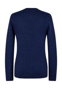 Pull bleu marine à col rond, manches longues, poignets et ourlet côtelés, fabriqué en maille douce. Pas de motifs ni d'accents visibles.