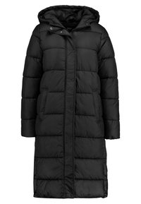 Manteau long noir rembourré avec capuche, présentant un design matelassé, des boutons-pression et des poches latérales pour plus de fonctionnalité.