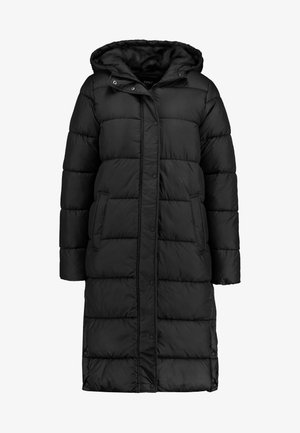 Manteau long noir rembourré avec capuche, présentant un design matelassé, des boutons-pression et des poches latérales pour plus de fonctionnalité.