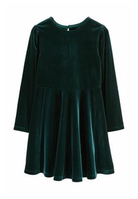 Mørkegrøn fløjls kjole med lange ærmer, rund halsudskæring, rynket skørt og let puffede skuldre, vist fladt på hvid baggrund.