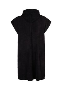 Sort hætteponcho i blødt frottéhåndklædestof. Med kappelignende ærmer og knælængde, samt en struktureret overflade.