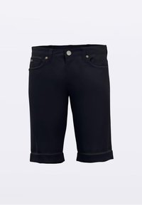 Svarte shorts laget av glatt stoff, med oppbrettet kant, to fremre lommer og lukking med sølvknapp. Diskrete søm-detaljer.