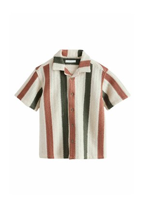 Short-sleeve, button-up shirt with textured fabric in vertical stripes of rust, olive green, and cream colors.