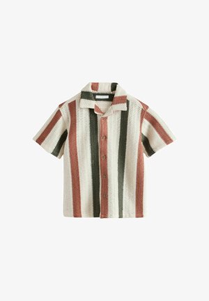 Kurzärmeliges Hemd mit Knöpfen aus strukturiertem Stoff in vertikalen Streifen in Rost-, Olivgrün- und Cremetönen.