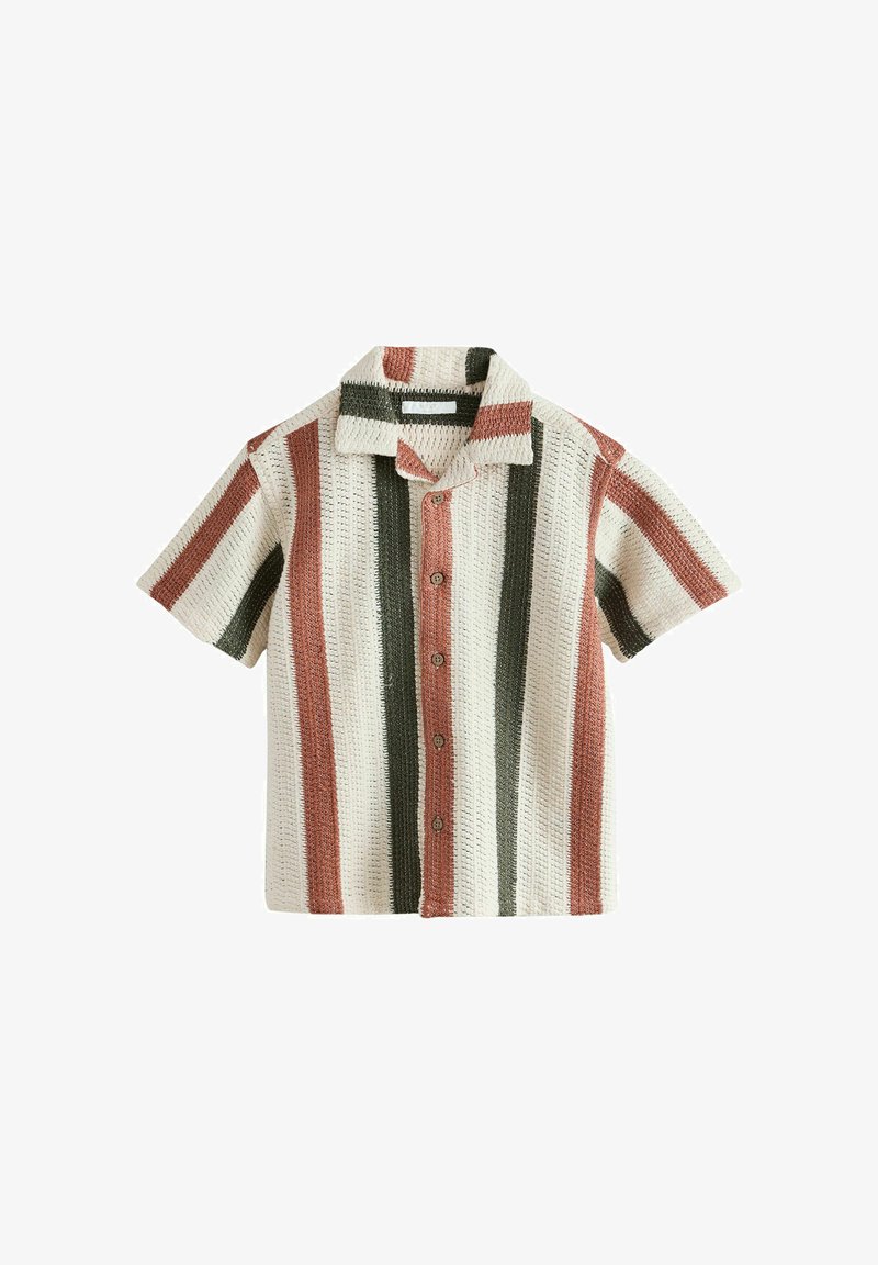 Košile s krátkým rukávem na knoflíky se strukturální látkou ve vertikálních pruzích v barvách rezavé, olivově zelené a krémové.