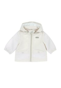 Veste zippée beige clair avec capuche, poignets élastiques, deux poches avant et une doublure à motifs. Présente un petit logo sur la poitrine.