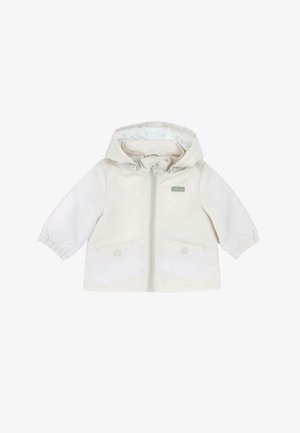 Chaqueta cremosa con cremallera y capucha, puños elásticos, dos bolsillos frontales y un forro estampado. Presenta un pequeño logo en el pecho.