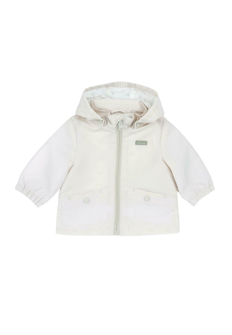 Veste zippée beige clair avec capuche, poignets élastiques, deux poches avant et une doublure à motifs. Présente un petit logo sur la poitrine.