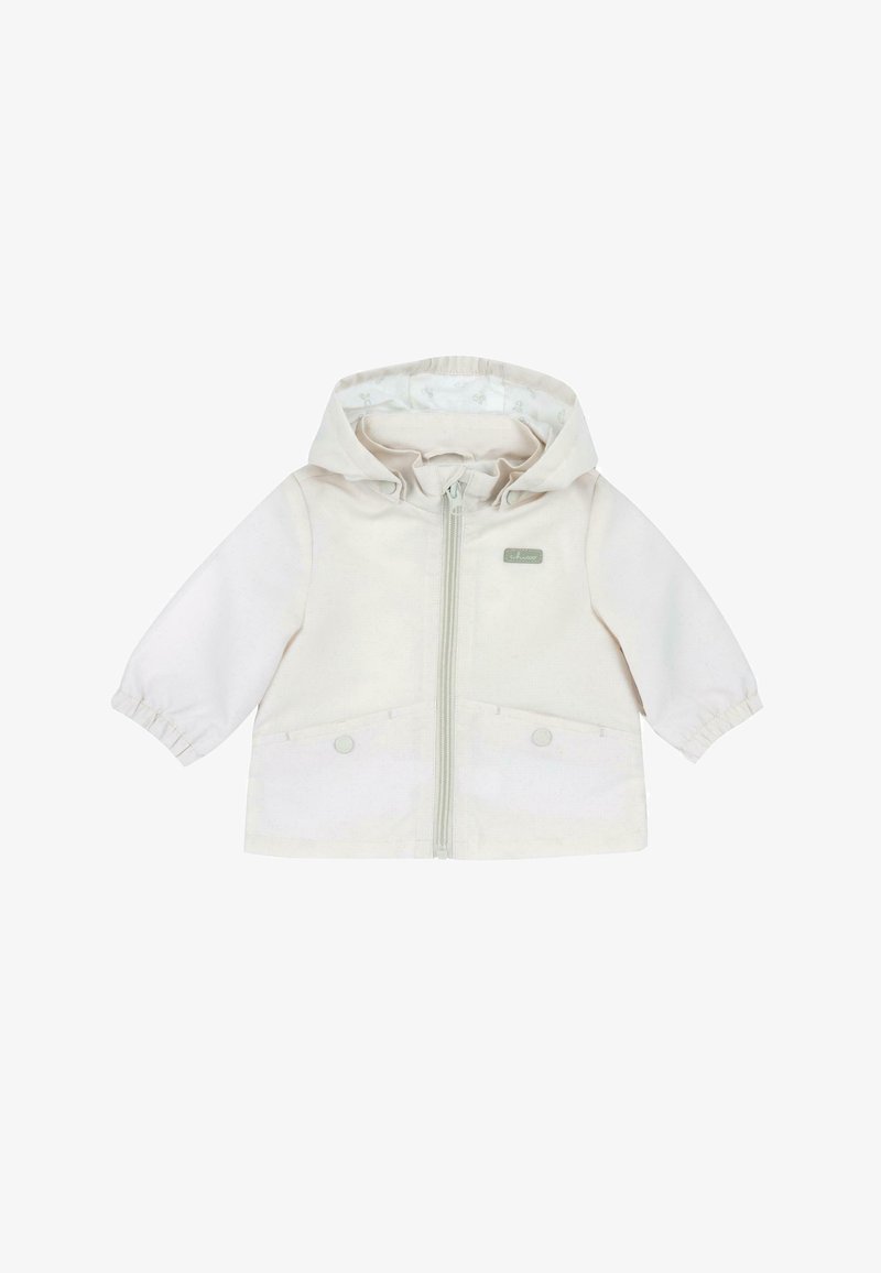 Veste zippée beige clair avec capuche, poignets élastiques, deux poches avant et une doublure à motifs. Présente un petit logo sur la poitrine.