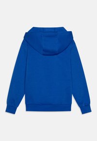 Felpa blu con una texture morbida, un ampio cappuccio e polsini e orlo a costine. Presenta un design con schiena dritta senza tasche o decorazioni.