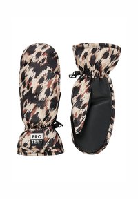 Handschuhe aus gemustertem Stoff in Beige, Schwarz und Rost mit schwarzen Lederhandschuhen. Mit elastischen Bündchen für eine enge Passform. Logo an der Seite.