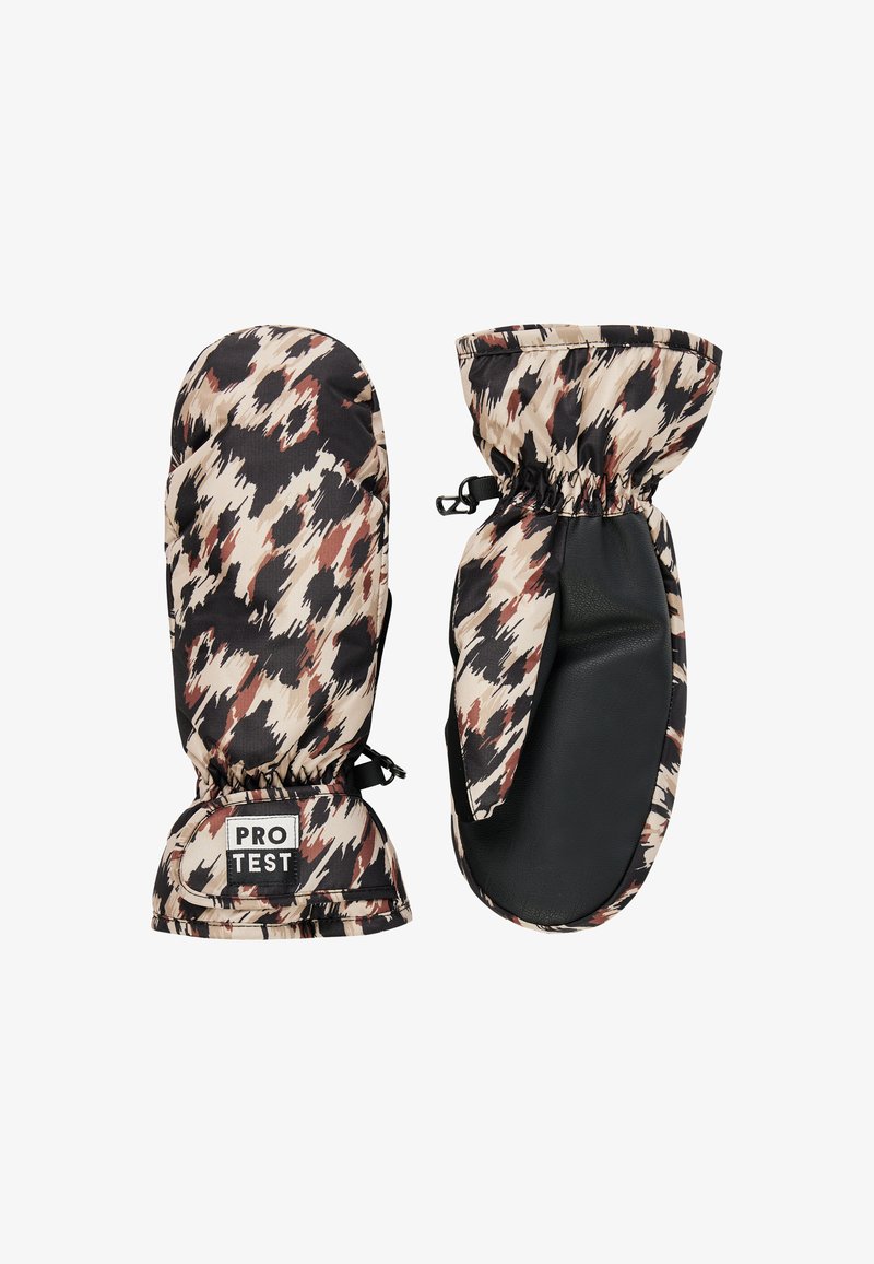 Handschuhe aus gemustertem Stoff in Beige, Schwarz und Rost mit schwarzen Lederhandschuhen. Mit elastischen Bündchen für eine enge Passform. Logo an der Seite.