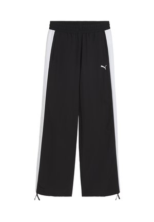 Schwarze Sporthose mit weißen Seitenstreifen, elastischem Taillenbund und Kordelzug detail am Saum. Verfügt über ein kleines weißes Logo.