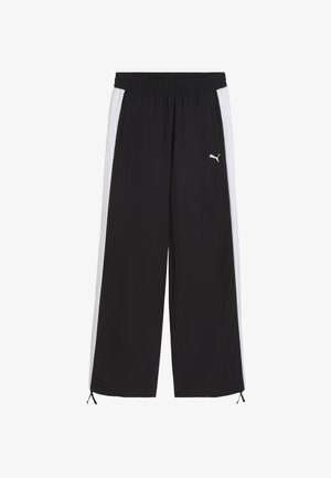 Pantaloni sportivi neri con strisce laterali bianche, vita elastica e dettaglio con cordoncino all'orlo. Presenta un piccolo logo bianco.