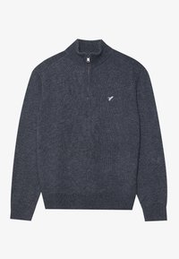 Dunkelgrauer Pullover aus Strickstoff mit Reißverschluss am Kragen. Verfügt über gerippte Bündchen und Saum sowie ein kleines gesticktes Logo.
