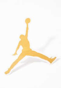 Silhouette d’un joueur de basket sautant, jambes écartées et un bras tendu vers le haut tenant un ballon de basket.