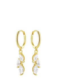 Goldene Creolen mit drei vertikal angeordneten, marquisförmigen Kristallen, die eine polierte Oberfläche und sanfte Kurven zeigen.