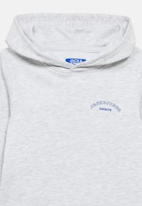 Sudadera con capucha gris claro hecha de tela suave. Cuenta con un bolsillo tipo canguro y un logo azul bordado en el pecho. Corte holgado con capucha ajustable mediante cordón.