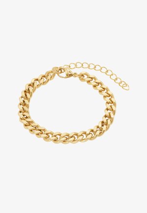 Auksinė grandinėlė apyrankė su tarpusavyje sujungtais žiedais, turinti lygią tekstūrą ir sagtelės užsegimą. Apima reguliuojamą prailginimo grandinėlę.