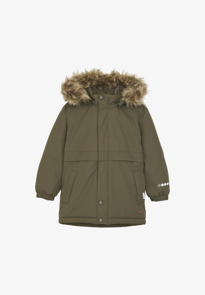 En mørkegrøn parka-jakke med en faux fur hætte, elastiske ærmer, forlommer og trykknaplukninger. Glat tekstur med isoleret inderfor.