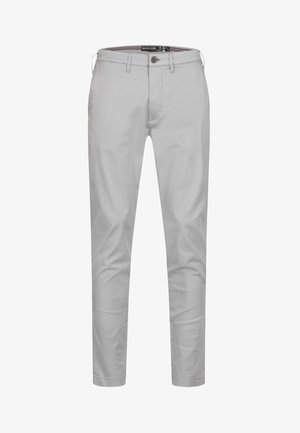 Helle graue Baumwollhose mit Slim-Fit, ausgestattet mit einem Knopfverschluss, Gürtelschlaufen und einer glatten Textur.