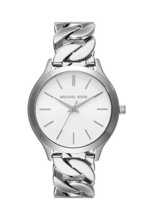 Reloj de pulsera Michael Kors plateado con esfera blanca minimalista, marcadores de hora delgados y una pulsera metálica de eslabones gruesos.